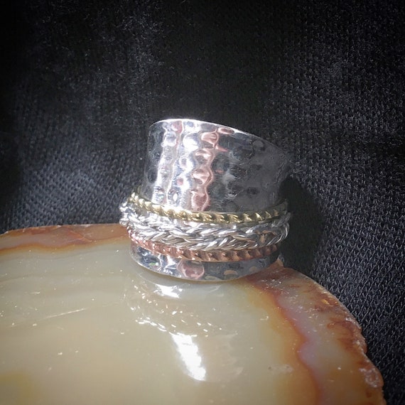 Silver Brass Copper spinner hammered braided band ring