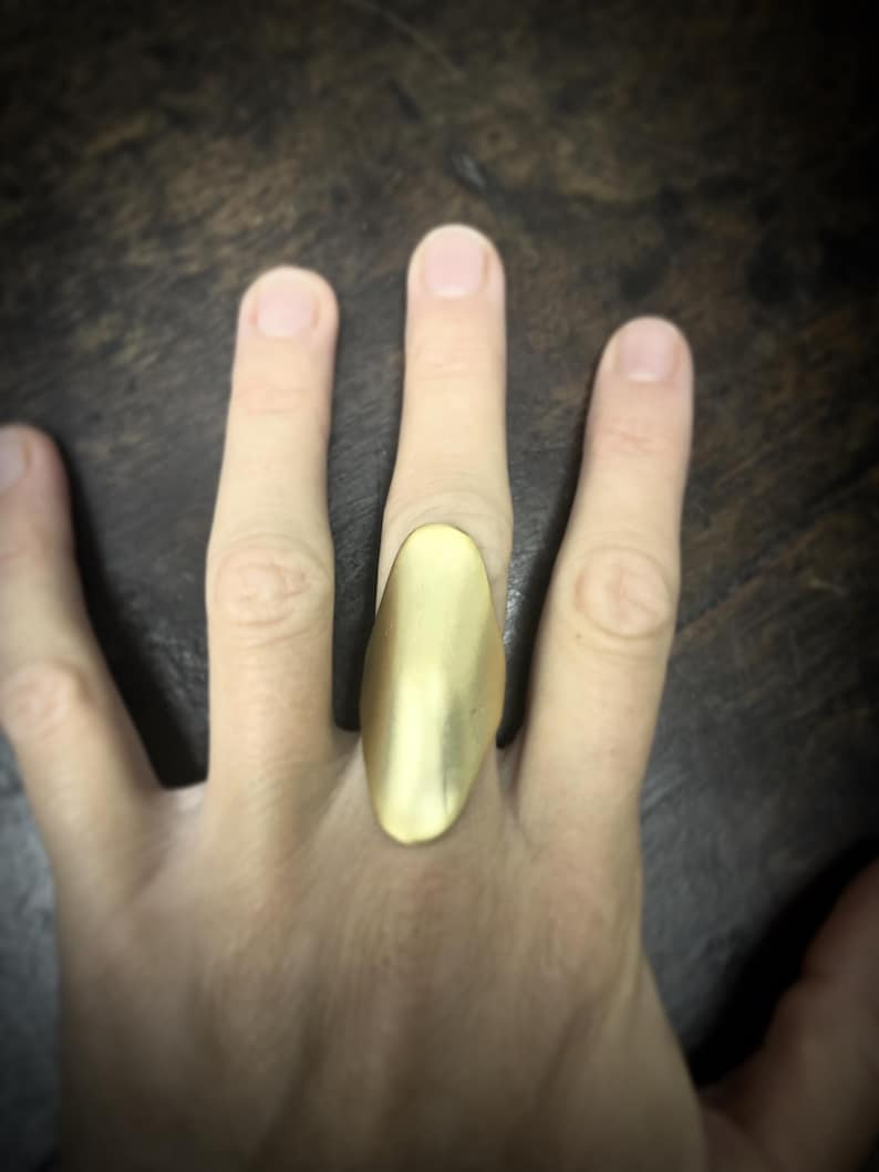 avant-garde hammered long ring, maxi ring, slightly dome, mat color, cyber punk, rock, futuristic gold plated