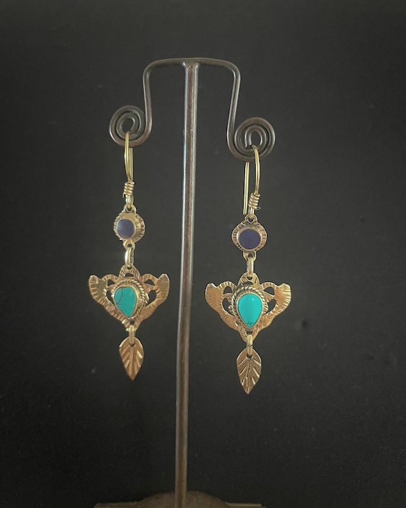 Gentle light art nouveau floral earrings, with pending leave, turquoise and lapis