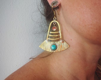 Pendulum maxi fan tribal earrings, brass with turquoise and coral