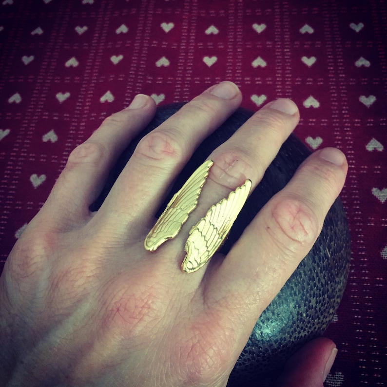 May include: A gold-colored ring in the shape of stylized wings. The ring is open, with the wings extending across the finger. The ring is on a hand, with a red and white heart-patterned background.
