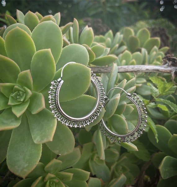 Silver Tribal Hoops earrings, ethnic boho style, medium size