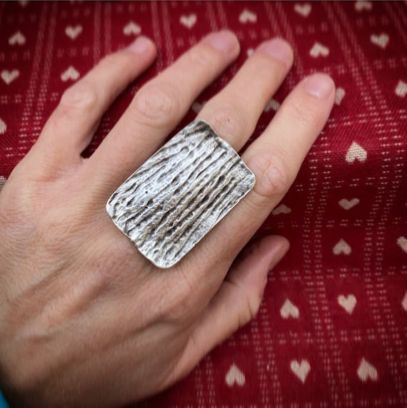 Rain water square big ring, adjustable, silver plated