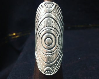 tribal long ring, maxi ring, ethnic, boho, gypsy, zamak silver plated, armor ring, medieval, symbols, maya, aztec