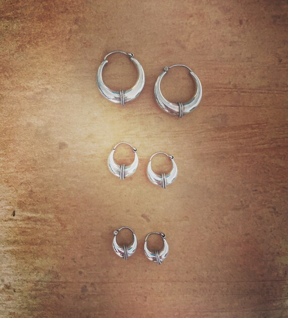 Silver gypsy hoops, plain with central plot, curved domed earrings