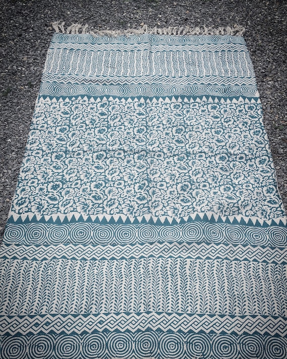 White and Blue Floral and Geometric Hand Block Print Rug