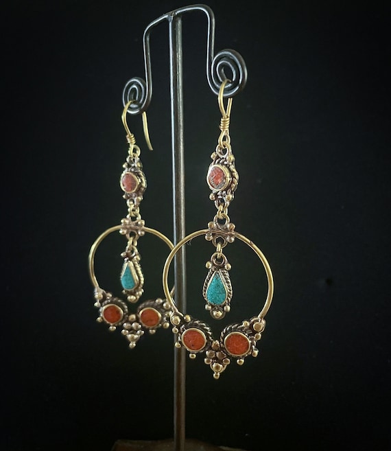 Art Nouveau chandelier pending brass earrings with turquoise and coral paste