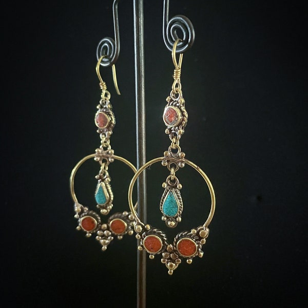 Art Nouveau chandelier pending brass earrings with turquoise and coral paste