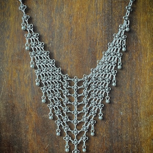 Bib triangle chain necklace with round studs beads, silver plated image 2