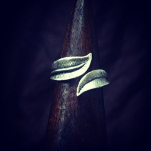 Può includere: Un anello d'argento con due motivi a foglia. L'anello è esposto su un porta anelli in legno.