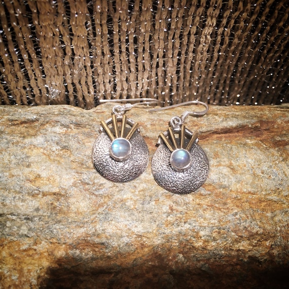 Baroque little 925 sterling silver round pendant earrings with brass insert and stone
