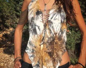 viscose lycra tye dye smooth sexy triangle top, one-piece bikini like, braided in the back