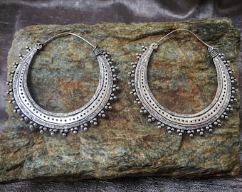 maxi gypsy hoops, rajasthani hoops, big statement hoops earrings, silver plated antique traditional jewelry, gypsy, ethnic, boho, hippy chic