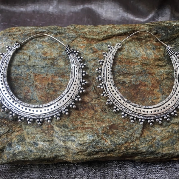 maxi gypsy hoops, rajasthani hoops, big statement hoops earrings, silver plated antique traditional jewelry, gypsy, ethnic, boho, hippy chic