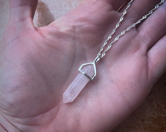 Rose Quartz long pendant with sterling silver support and wrapped chain