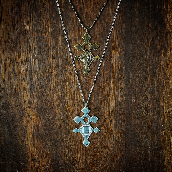 Cross of Agadez, Berber Tuareg cross, hand carved, in brass and silver plated