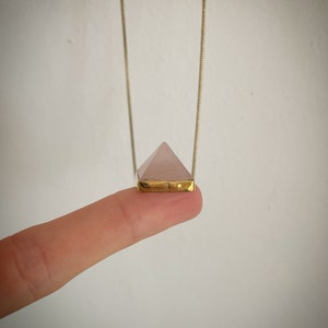 Rose Quartz Pyramid brass charm necklace, Pyramid pendant