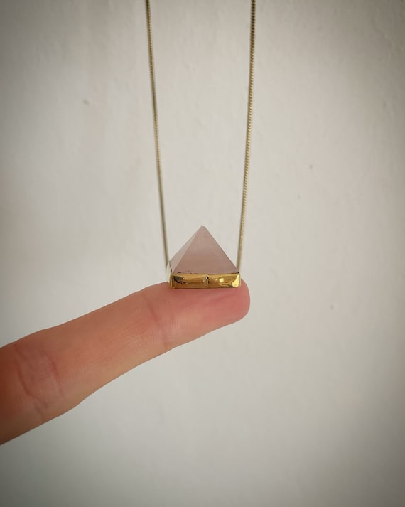 Rose Quartz Pyramid brass charm necklace, Pyramid pendant