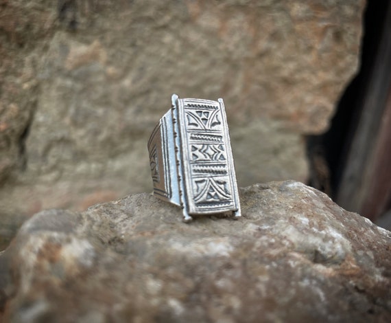 Tribal square seal ring, sterling silver 925