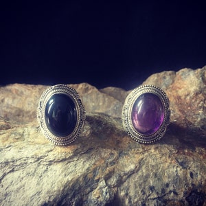 Sterling Silver 925 Art Deco Big Gemstone ring, with black onyx and amethyst, size 54