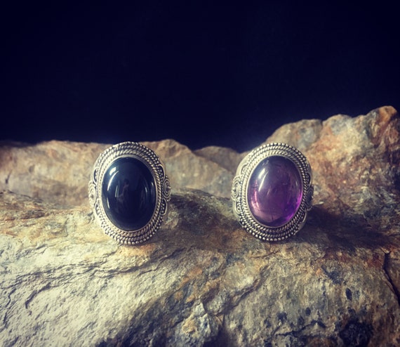 Sterling Silver 925 Art Deco Big Gemstone ring, with black onyx and amethyst, size 54