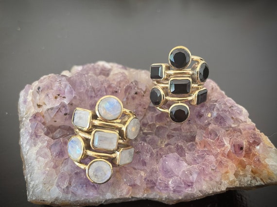 Hexagram brass ring with faceted moonstone and black tumaline