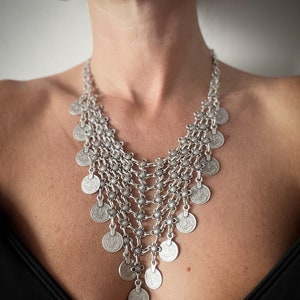 Bib triangle chain necklace with round studs beads, silver plated pending coins