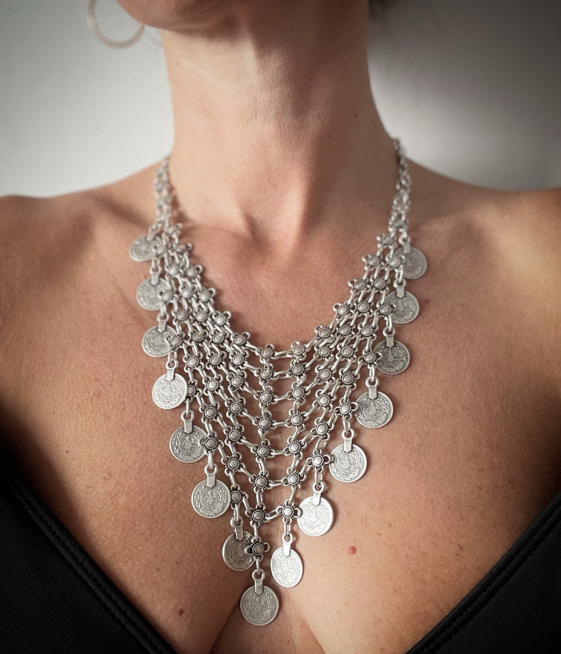 Bib triangle chain necklace with round studs beads, silver plated pending coins