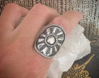Sun Portrait tribal carved maxi silver adjustable ring
