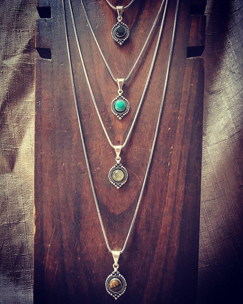 brass or silver plated Drop Tribal Gemstone Charm Pendant Necklace