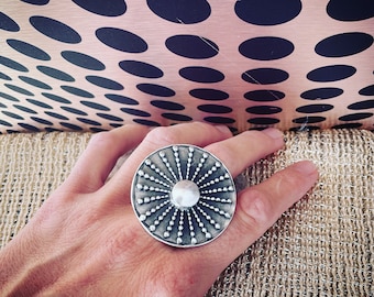 Big Ben big round statement ring, silver plated