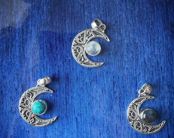 Silver waxing moon pendant with turquoise, moon stone or labradorite, waning moon silver pendant