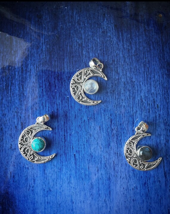 Silver waxing moon pendant with turquoise, moon stone or labradorite, waning moon silver pendant
