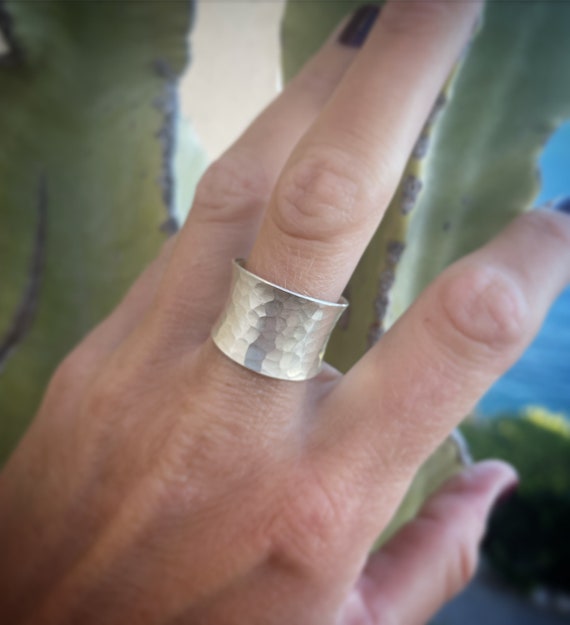 Hammered light curved sterling silver ring