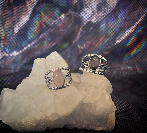 Rose and Smoky Quartz three band sterling silver ring, different sizes