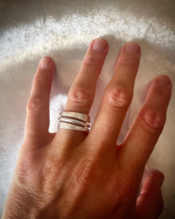 Wrapped silver wire turning into two flat hammered wings, sterling silver wraparound thin ring