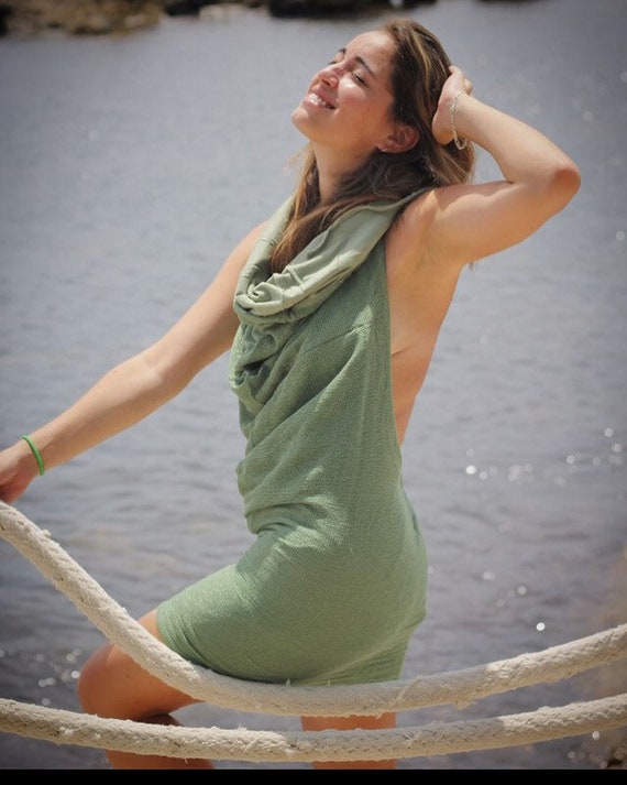 backless hood hemp and silk sexy elegant dress, bamboo cotton lining