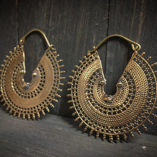 Tribal pre-Columbian brass wheel hoops earrings