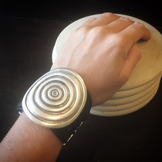 Black Leather Bracelet, with big round shield