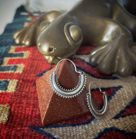 Small Thin half circle tribal silver earrings