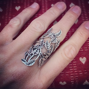 May include: A silver ring with a leafy design. The ring is open and adjustable to fit different finger sizes.