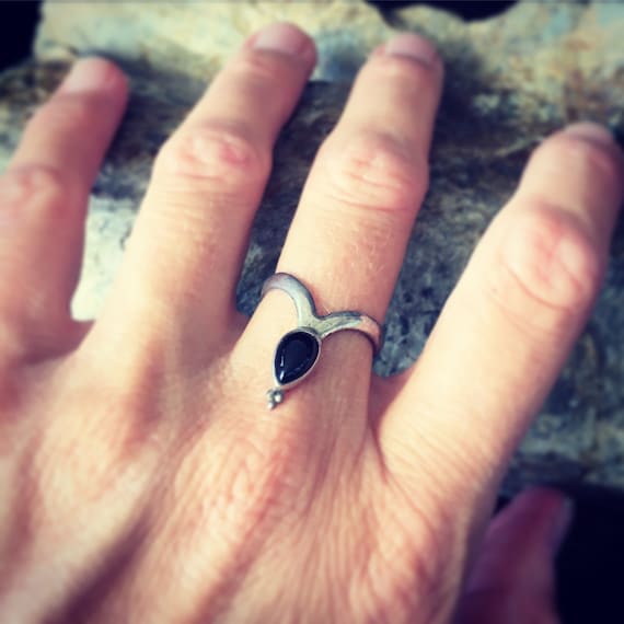 Pointy Sterling Silver ring and midi ring, with black onyx, turquoise and moon stone