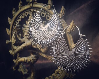 Stylized peacock stripes lines tribal hoops earrings, silver plated