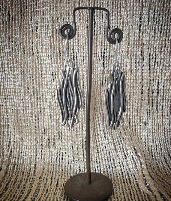 Flames mod brutalist long earrings, silver plated