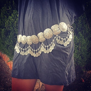 Round Shield with pending coins belt, silver plated