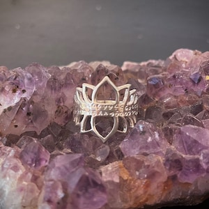 Può includere: Un anello d'argento a forma di fiore di loto con un design dettagliato, appoggiato su un letto di cristalli di ametista viola.