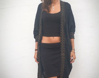 Hemp net with silk kimono with gold and silver geometric borders