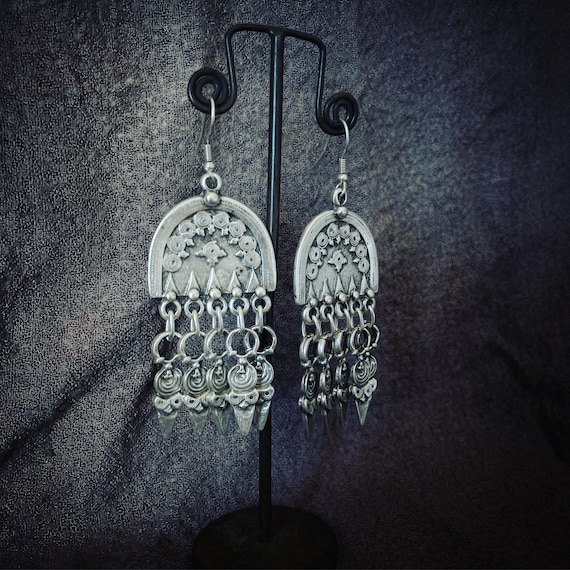Tribal statement long earrings with narrow pendants, silver plated