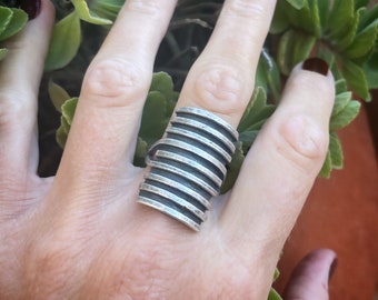Straight Lines grunge curved silver ring, adjustable, open in the back