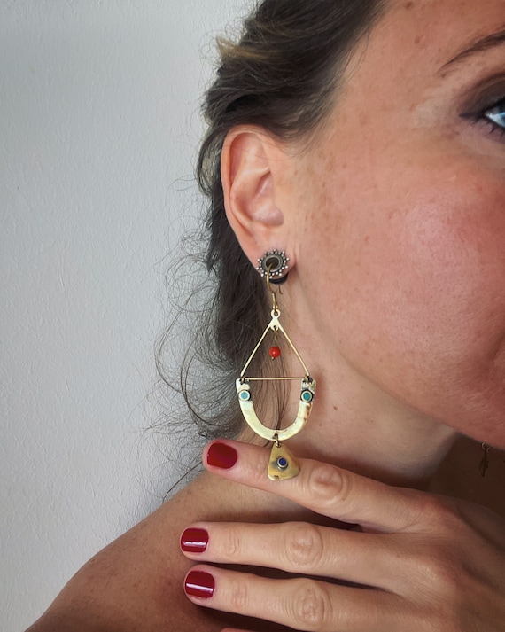 Geometric art nouveau handmade brass earrings, light pendant earrings